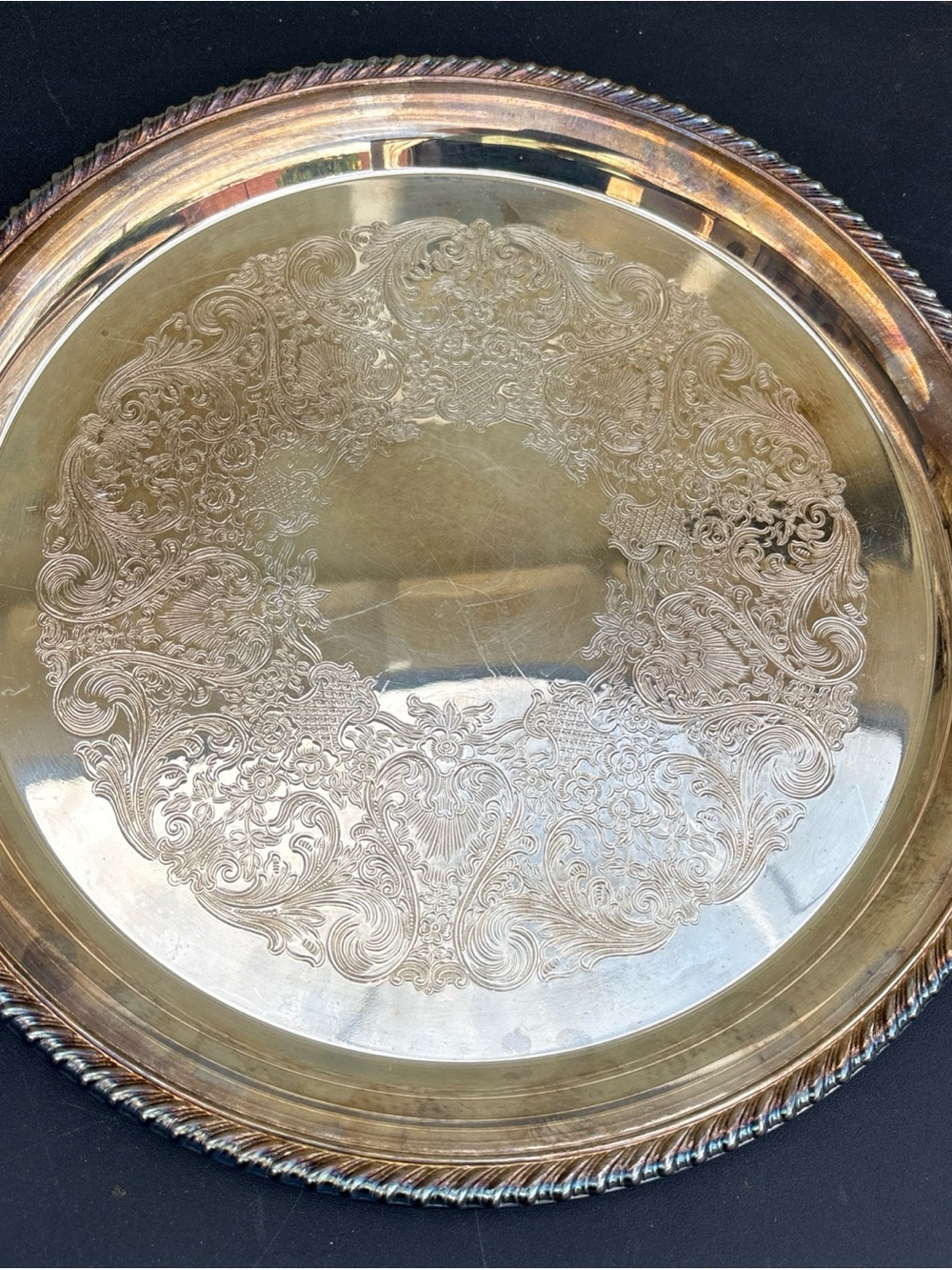 Wm Rogers Serving Tray Silverplate 12 1/4” Round Etched Scroll Floral  #171